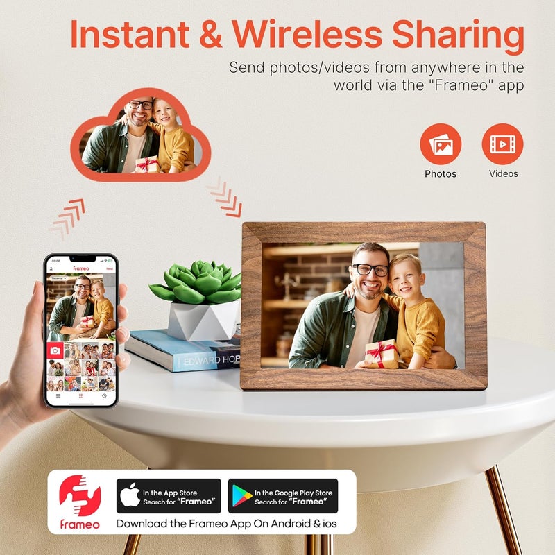 BIGASUO Frameo 10.1" Digital Picture Frame with 32GB Memory WiFi Electronic Photo Frame Wood 1280 x 800 IPS Touch Screen Auto-Rotate Slideshow Wall Mountable Share Photos/Video Remotely Anywhere - Image 2